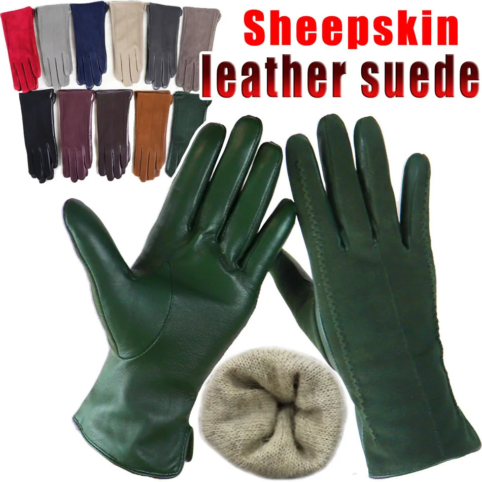 Leather gloves womens sheepskin suede gloves frosted leather autumn and winter thin thick warm knit lining fashionable 241106