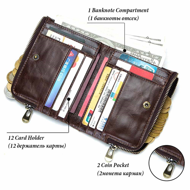Vintage Man Wallet Rfid Small Purse Cow Leather Mini Purse Male Short Wallet Double Zipper Coin Purses Men Wallet Card Holder