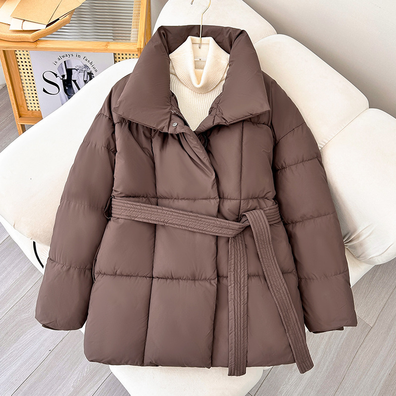 Women's Down Parkas Fandy Lokar Winter Stand Collar Parkas Women Fashion Tie Waist Short Coats Women Elegant Solid Puffer Jackets Female Ladies 2