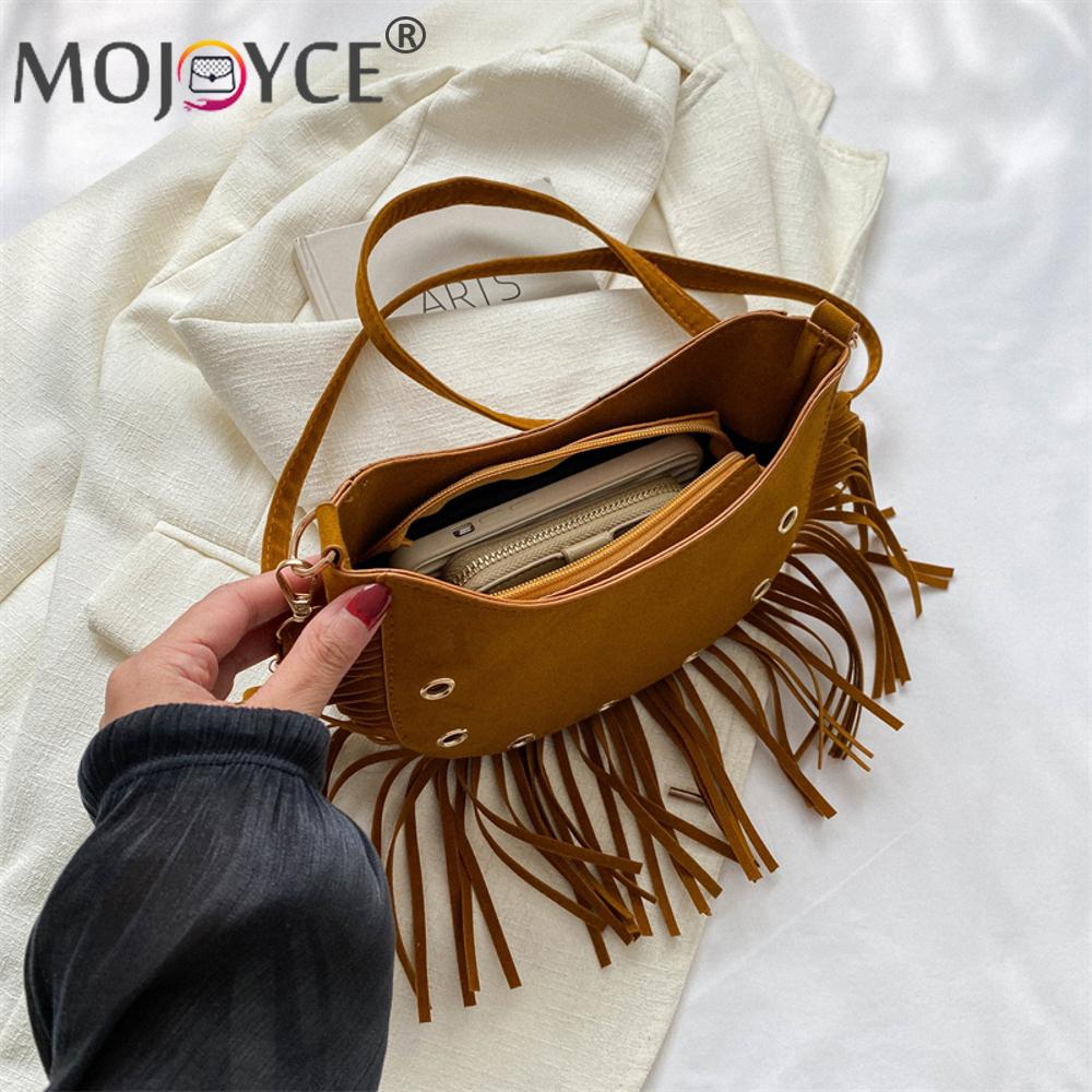 Women Vintage Leather Fringe Crossbody Purse Zipper Fashion Shoulder Purse