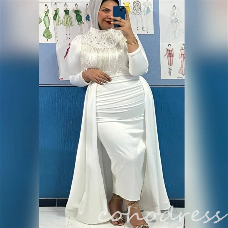 Unique African Wedding Dresses With Overskirt Beaded Elegant Long Sleeve Muslim Islamic Bridal Gowns Tassle Beaded Arabic Country Bride Dress Vestio D
