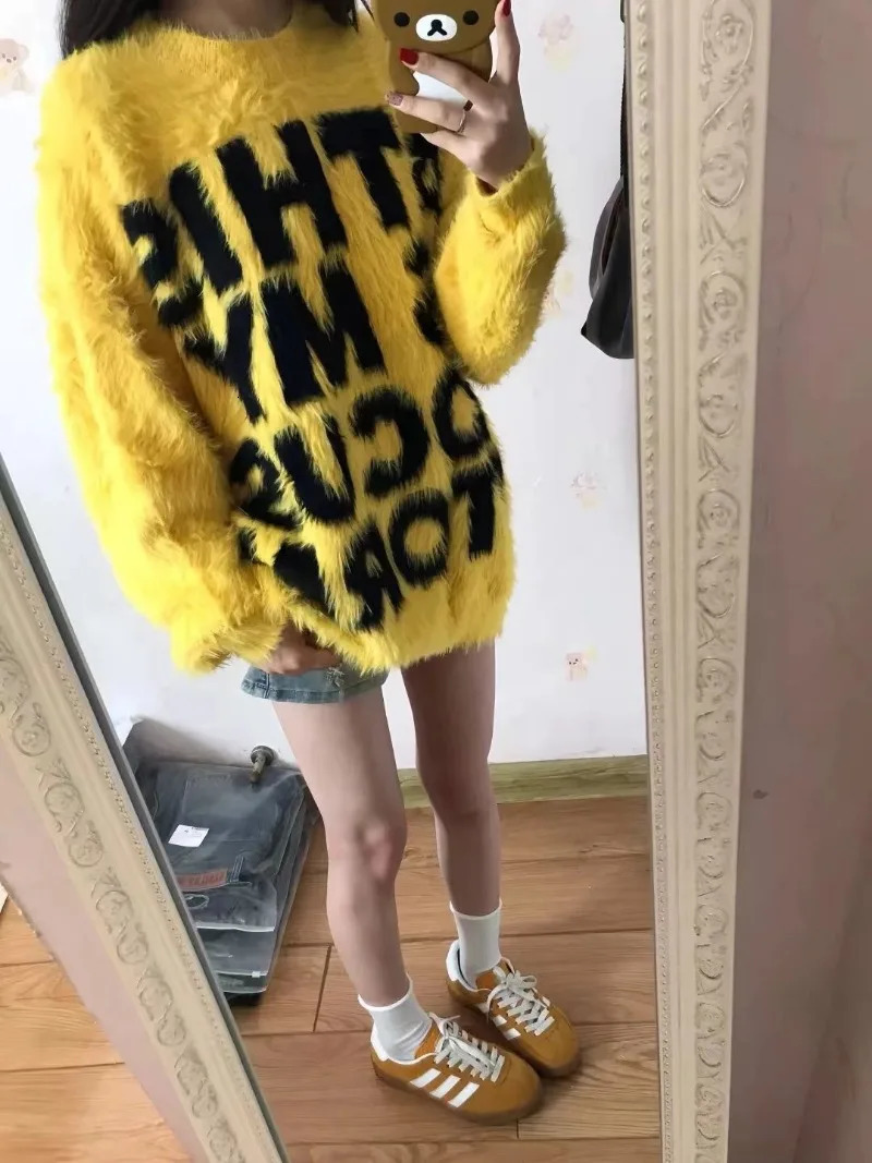 American Y2K Retro Letter Oversized Sweater Women Autumn Fashion Street Simple Plush Loose Harajuku Casual Knitted Sweater 241107