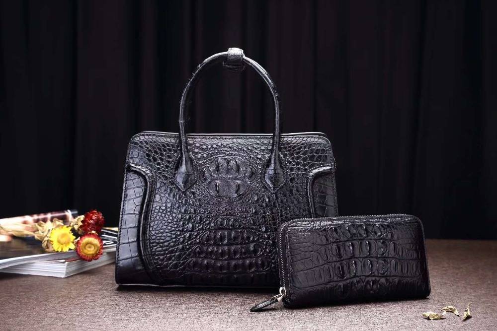 Medium size 100% genuine crocodile skin leather women shoulder bag dark blue color alligator head skin women tote cross body bag