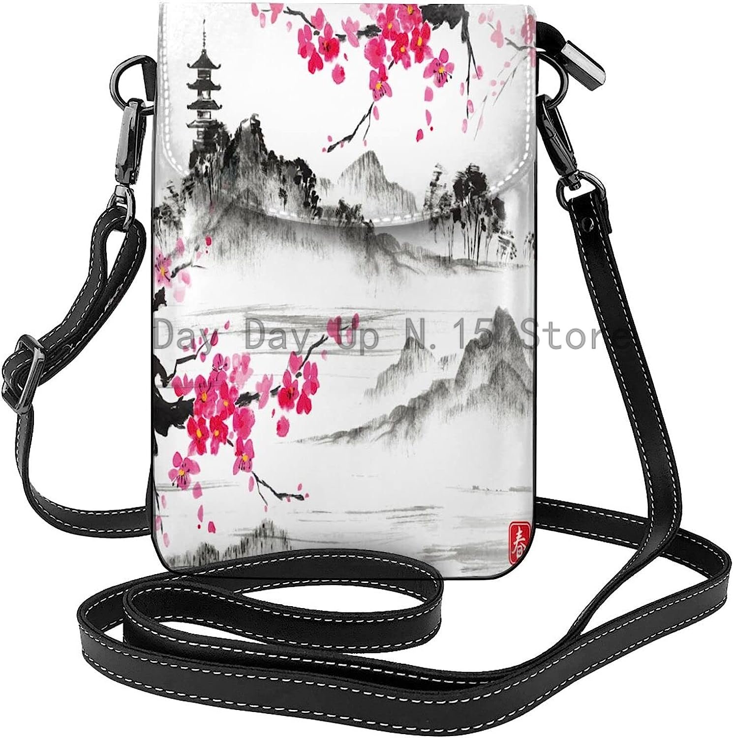 Cherry Blossom Flower Cell Phone Purse Leather Shoulder Bag Mini Phone Pouch Crossbody Bag For Women