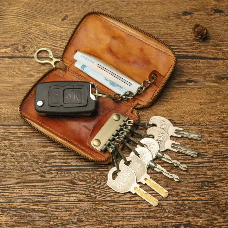 Luxury High Quality Original Leather Men Key Holder Organizer Pouch Wallet Retro Housekeeper Key Case Men's Waist Zipper Key Bag