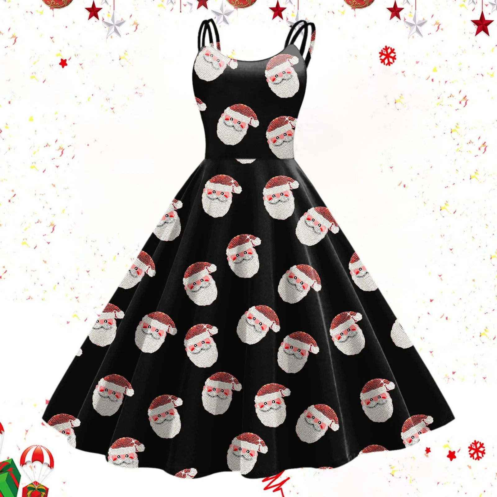 Women Christmas Sleeveless Long Dresses Retro A Line Flared Swing Prom Dress High Waist Santa Claus Print Dresses For Women Xmas 241107