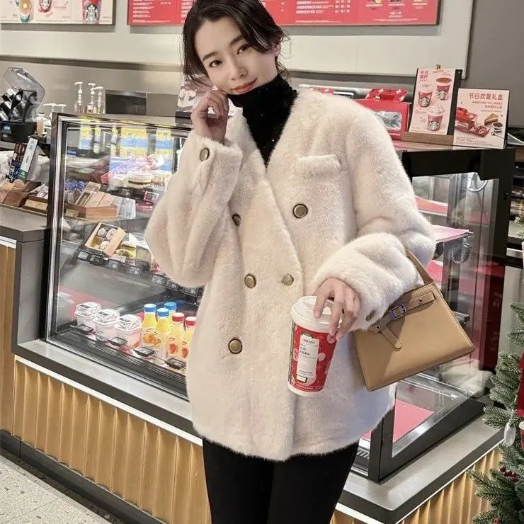Fashion V-neck metal double-layer fur environmentally friendly mink coat womens winter clothing sexy leopard pattern fur coat womens top 241107