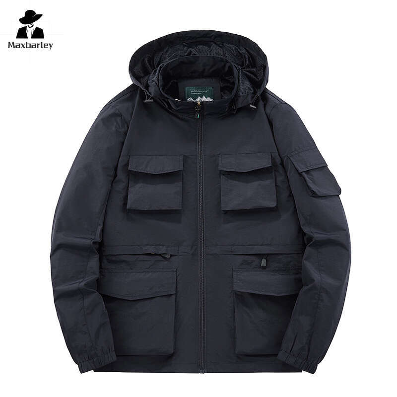 Workwear Men's Spring And Autumn Casual Thin Multi-Pocket Hooded Windbreaker Outdoor Waterproof Plus Size Sports Jacket