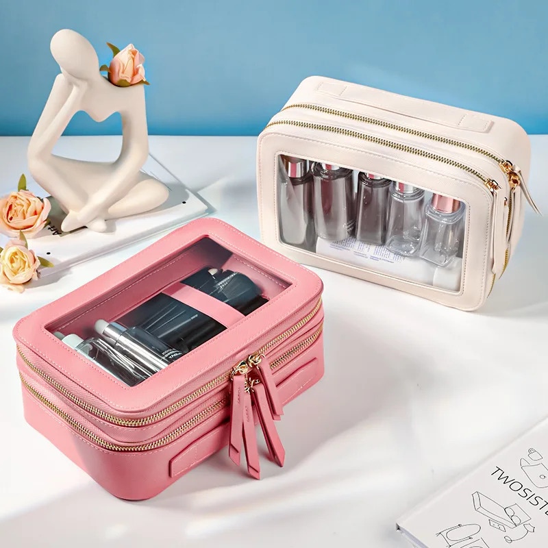 Double layer Saffiano leather makeup organizer toilet storage bag transparent PVC travel makeup bag 241106