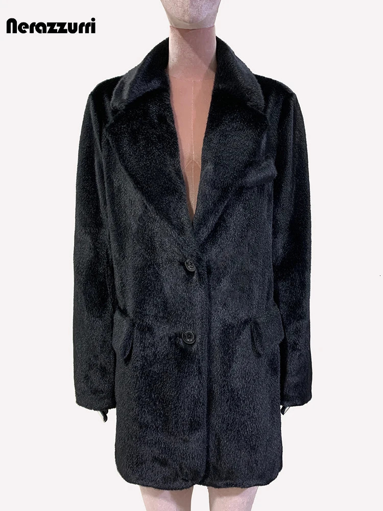Sapphire autumn fluffy warm soft black faux mink coat jacket womens single chest loose casual Korean fashion 241107
