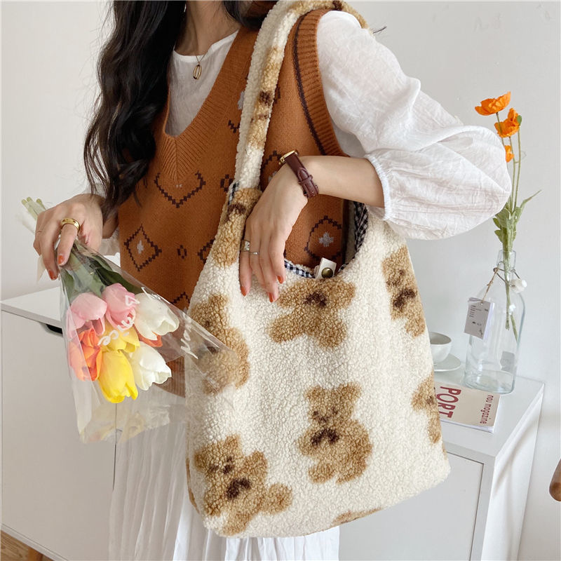 Girls Cute School Bag Lamb Like Fabric Shoulder Tote Bag Canvas Fluffy Fur Bear Handbags Large Capacity Soft Shopping Bags