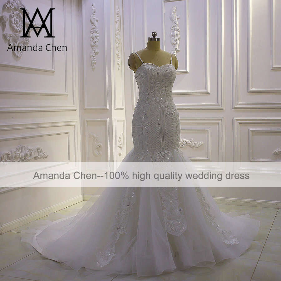 Spaghetti Straps Lace Applique Mermaid Off White Wedding dress