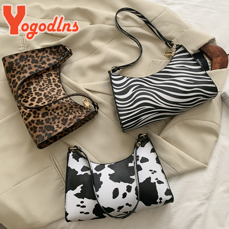 Yogodlns Trendy Cow Pattern Women's Bag PU Leather Shoulder Bag Vintage Armpit Bag Leopard Underarm Bag Lady Handbag