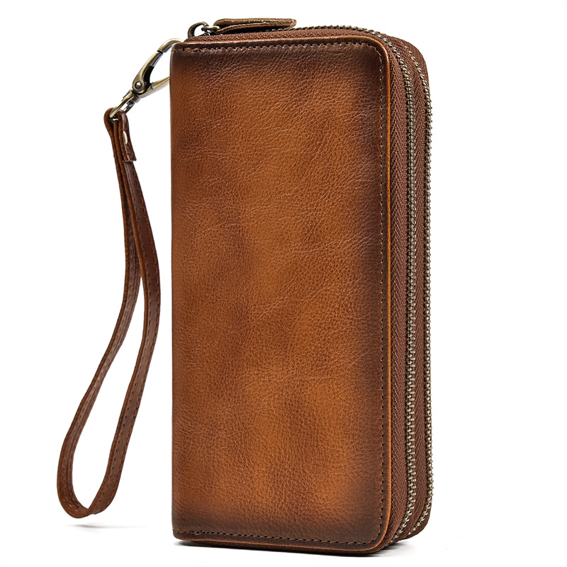 Men's Bag Crazy Horse Skin Long Purse Leather Zipper Purse Double Layer Cowhide Clutch Bag Retro Casual Clutch Bag