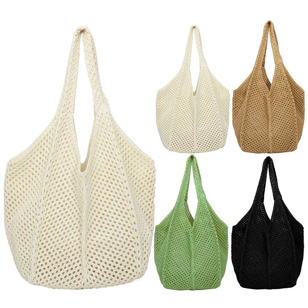 Women Crochet Tote Bag Mesh Beach Bag Large Capacity Hollow Out Tote Bag Solid Color Simple Shopping Bag Vintage Vacation Bag
