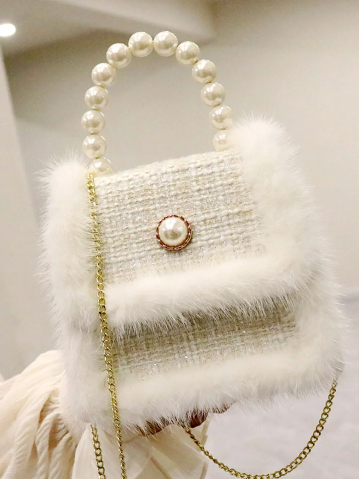High-quality mink fur tweed chain crossbody pearl tote shoulder bag 2023 new autumn