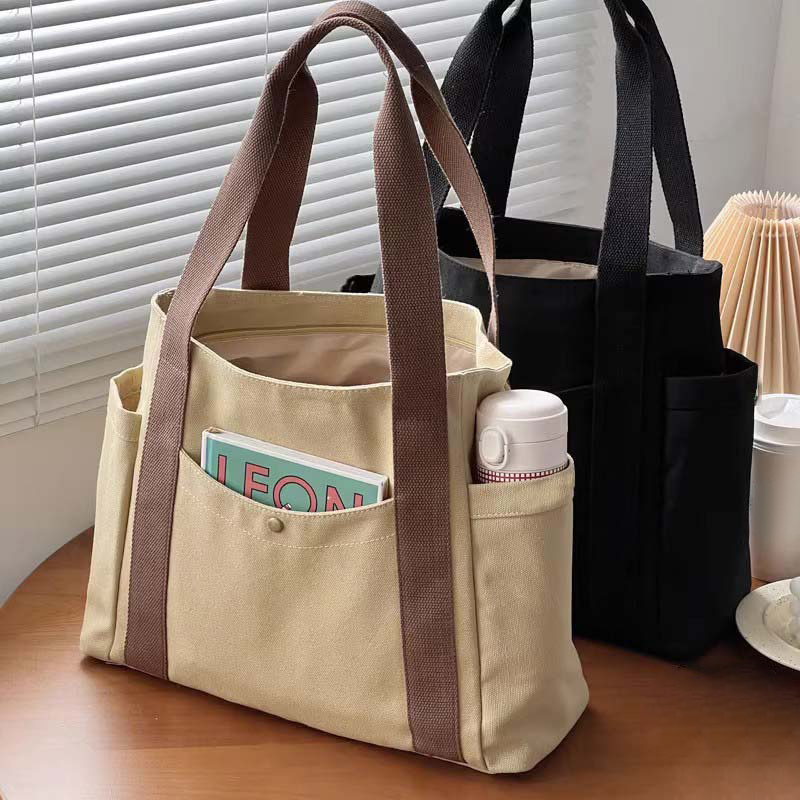 Large Capacity Canvas Solid Letter Tote Bag Versatile Handbag For Commuter Work Student Class Underarm Women's Bag Shopping Bag