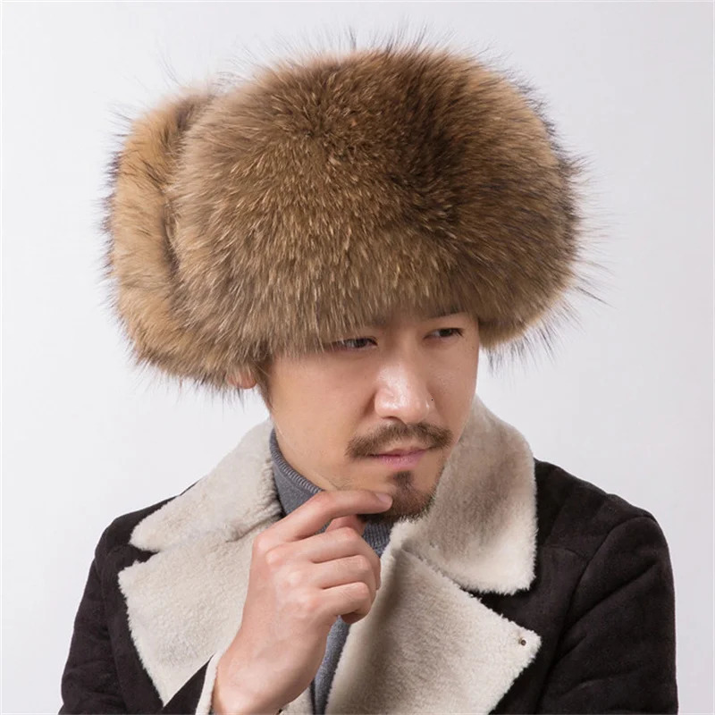 Winter 100% real silver fox fur bomber raccoon fur hat Ushaka Russian hunting hat mens skiing hat mens raccoon fur hat 241106