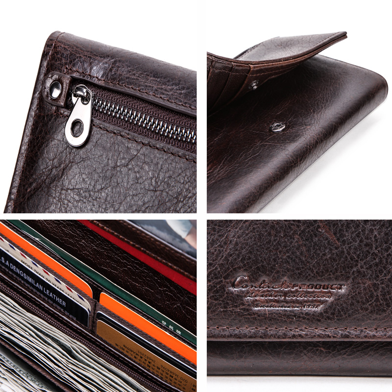 CONTACT'S Genuine Leather Men Long Wallets with Zipper Coin Purse Large Capacity Male Clutch Wallet for iPhone Passport Cartera