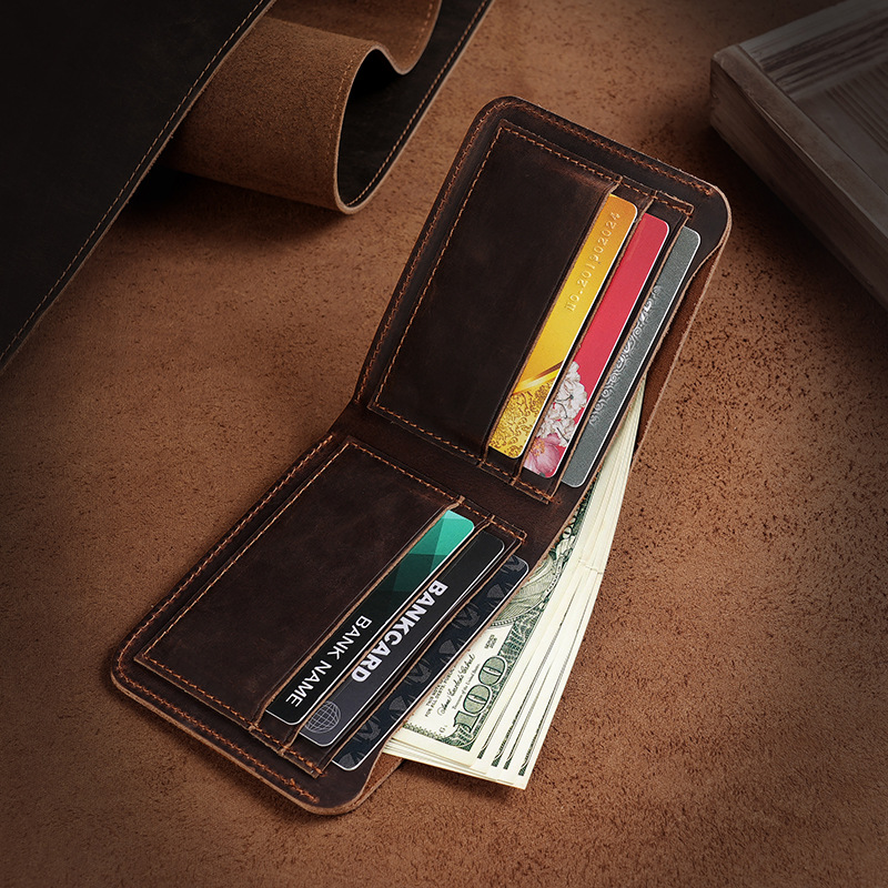 Genuine Leather Wallet For Men Slim Minimalist Design Card Holder Purse Vintage RFID Blocked Bifold Crazy Horse Leather Wallet