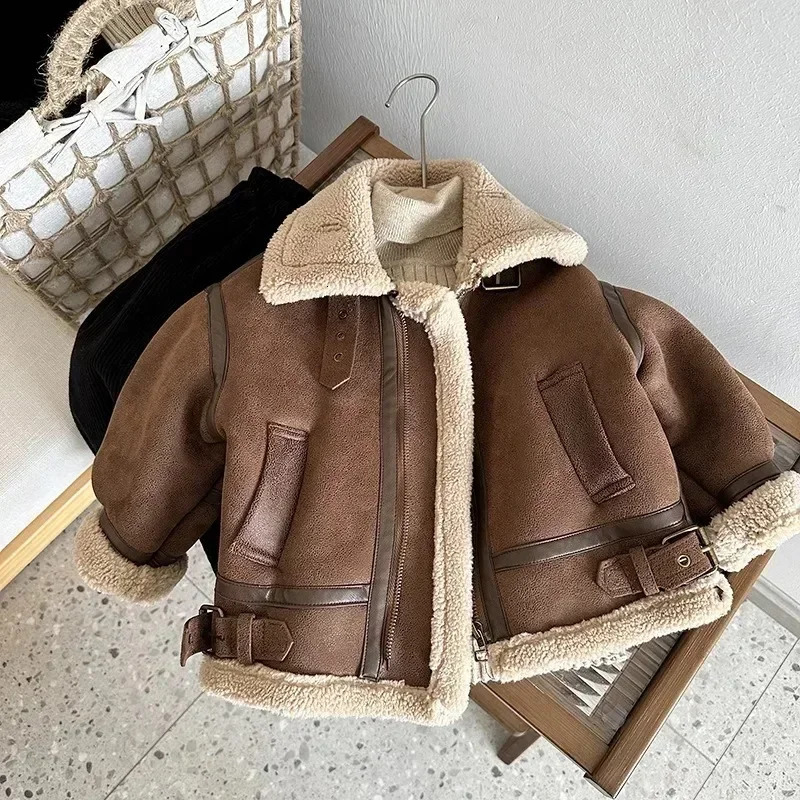 Cashmere Leather Jacket Winter Keep Warm Boys Thick Lining with Plush Fur Collar Hooded Heavy Coat for Kids Girls Coats 241106 - view 3