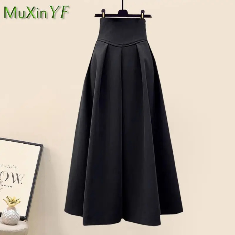 Womens AutumnWinter Fashion Waist Jacket Midi Skirt Two Piece Suit Korean Elegant Loose Coat Dress Matching Set 241107