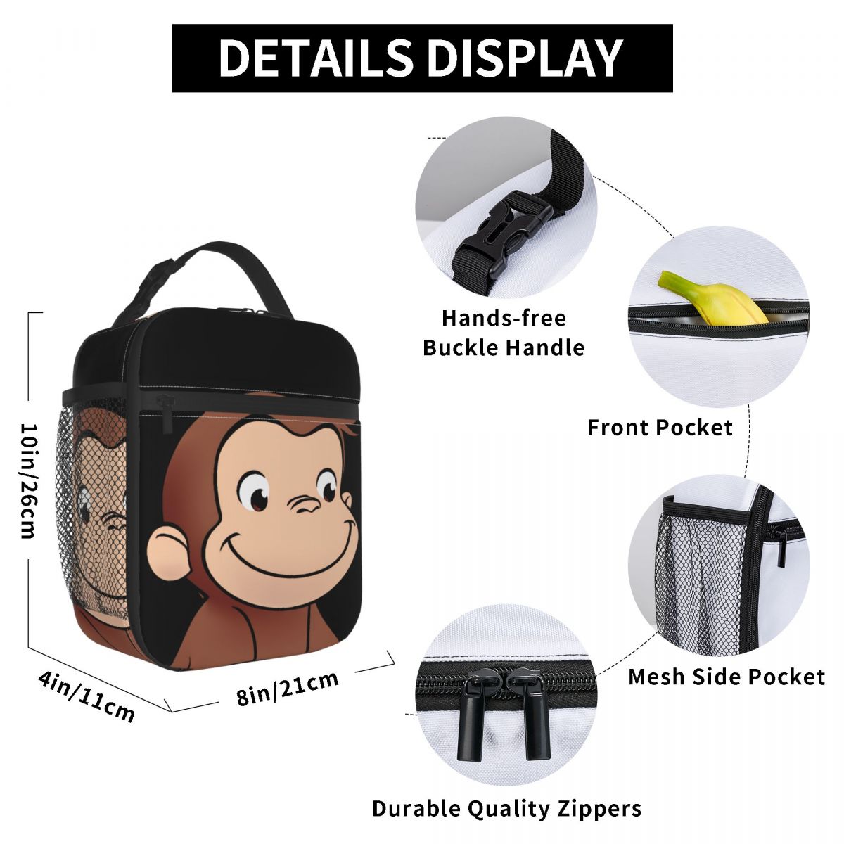 Curious George Books Thermal Insulated Lunch Bags Women Brown Monkey Portable Lunch Tote for School Outdoor Storage Food Box