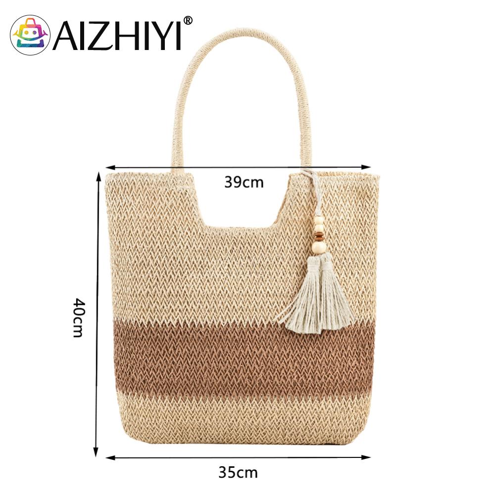 Summer Top-handle Bag Contrast Color with Tassels Beach Vacation Bags Large-Capacity Handmade Fashion Casual for Seaside Holiday