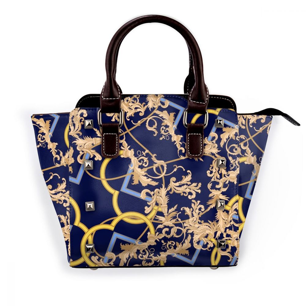 NOISYDESIGNS Fashion Leather Female Tote Bag Retro European Pattern Women Top-handle Bags with Rivets Retro Blue Tote Bags Sac