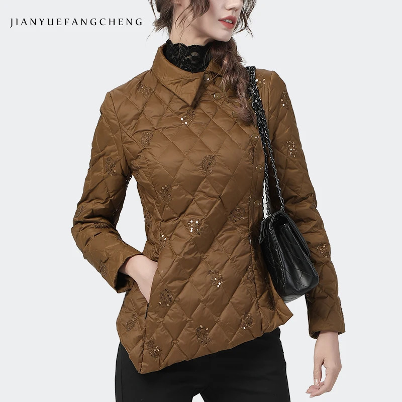 Retro brown embroidered womens winter down jacket ultra-thin irregular side button down sequin warm white duck down jacket 241107