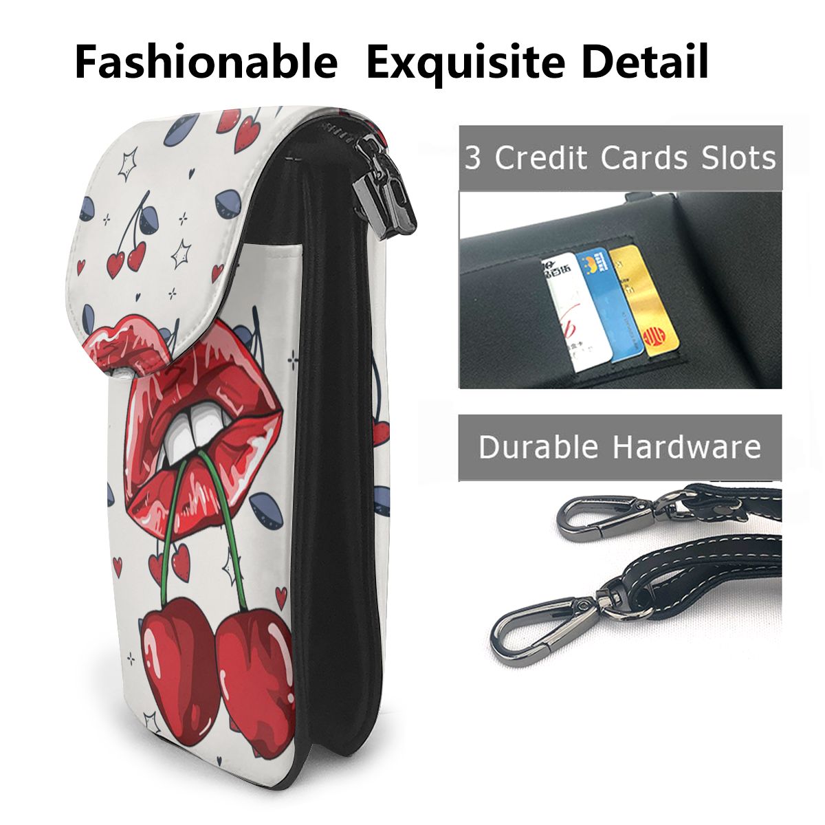 Fashion Cherry Print Mini Messenger Bag Women Adjustable Leather Strap Shoulder Pouch Cell Phone Casual Lady Handbag