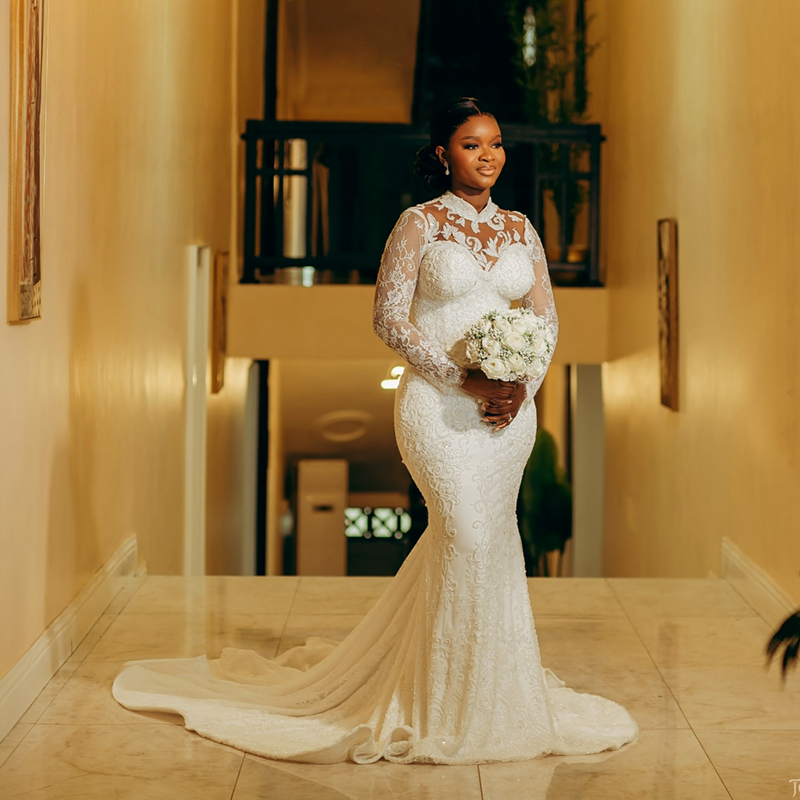 2024 Plus Size Wedding Dresses Bridal Gowns High Neck Long Sleeves Beaded Lace Mermaid Illusion Bridal Gowns For African Black Women D390