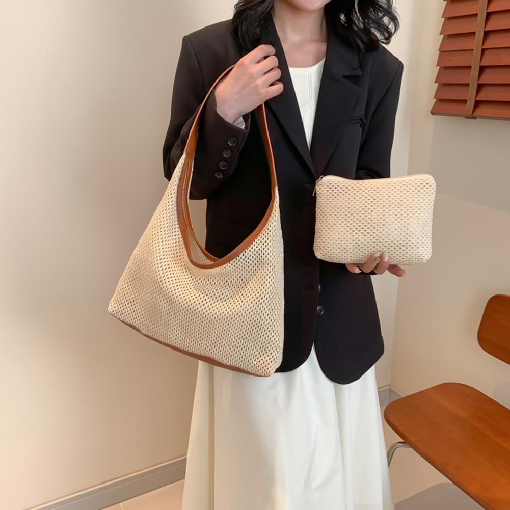 Women Straw Woven Tote Bag Fashion Woven Handbag Large Capacity Tote Clutch Bags with Small Pouch Solid Color Top-handle Handbag