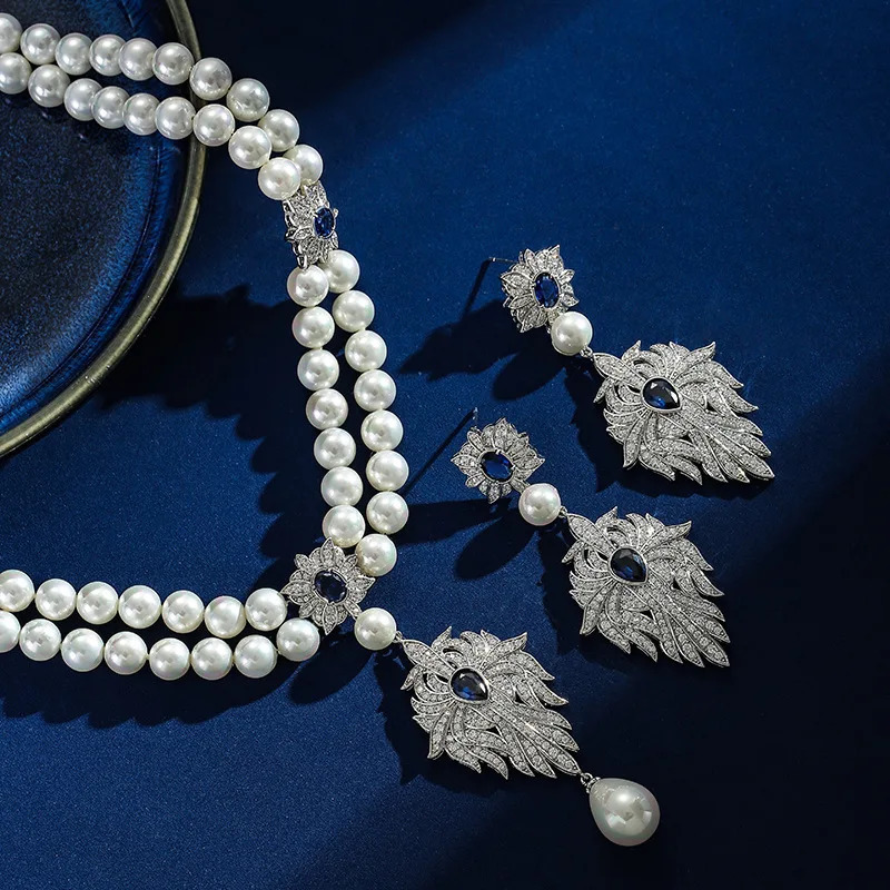 French Vintage Pearl Necklace Earring Set Flower Square Zircon Necklace Fashion Light Necklace 241106