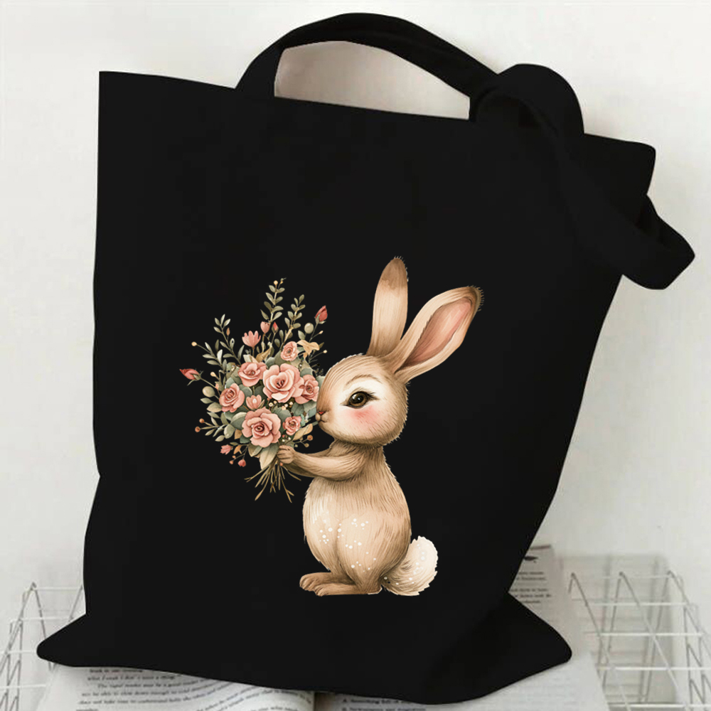 Bunny Handbag Women Watercolor Art Design Shoulder Bag Lady Casual Outdoor Beach Shopping Commuter Bag Floral Rabbit Tote Bag