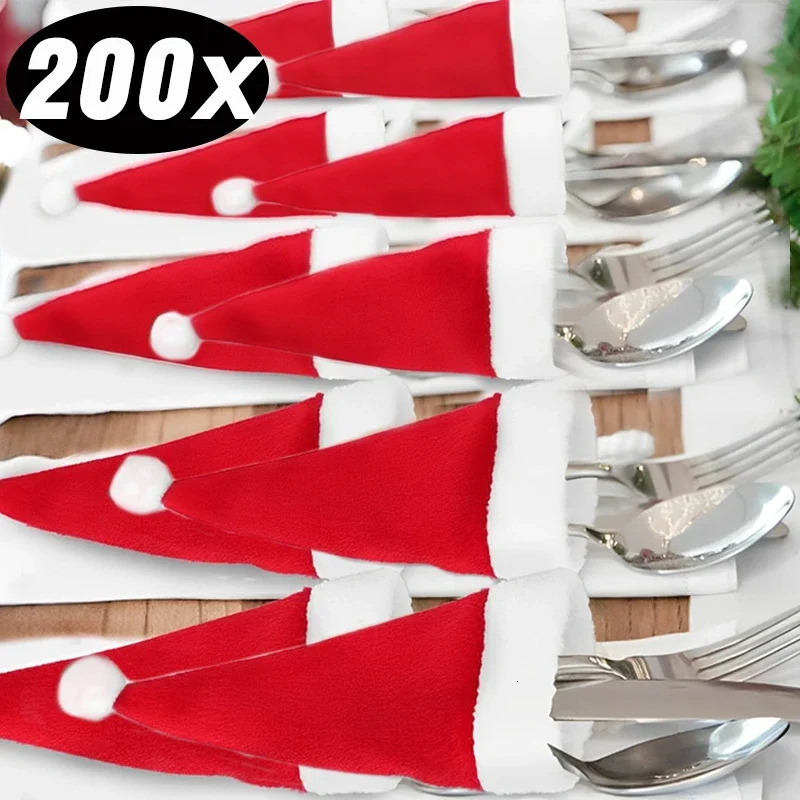 Mini Christmas hat velvet wine bottle cap lollipop cap Christmas cutlery rack hat wrapping Christmas party table decoration gift 241106