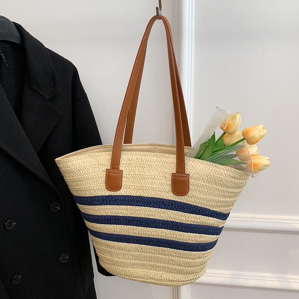 Women Straw Shoulder Bag Color Contrast Striped Tote Handbag Large Capacity Simple Shoulder Bag Ladies Summer Daily Bag