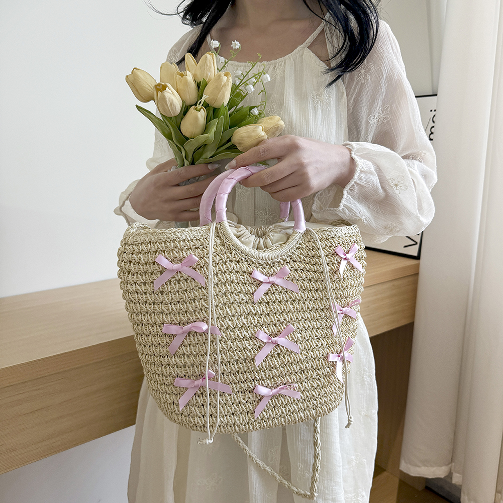 Women Summer Beach Bag Large Capacity Bow Straw Woven Tote Bag Female Elegant Top-Handle Bags Drawstring Handmade Knitted Purse
