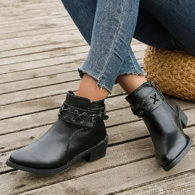 Womens Ankle Boots Autumn/Winter Pu Leather Short Boots Womens Side Zipper Thick Heel Riveted Leather Boots Womens Size 2024 241106