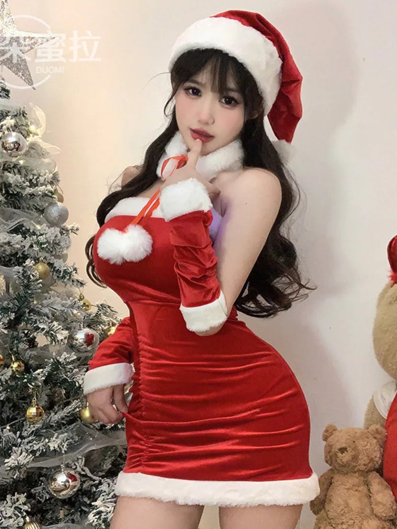 Fashionable and sexy Korean womens Christmas decoration short skirt elegant velvet sexy female role-playing Halloween performance dress 6BVH 241106