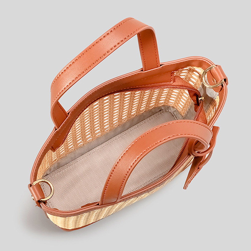 Women Rattan Tote Bag Patchwork Crossbody Bag Adjustable Strap Hollow Out Messenger Bag Zipper Closure for Party Vacation