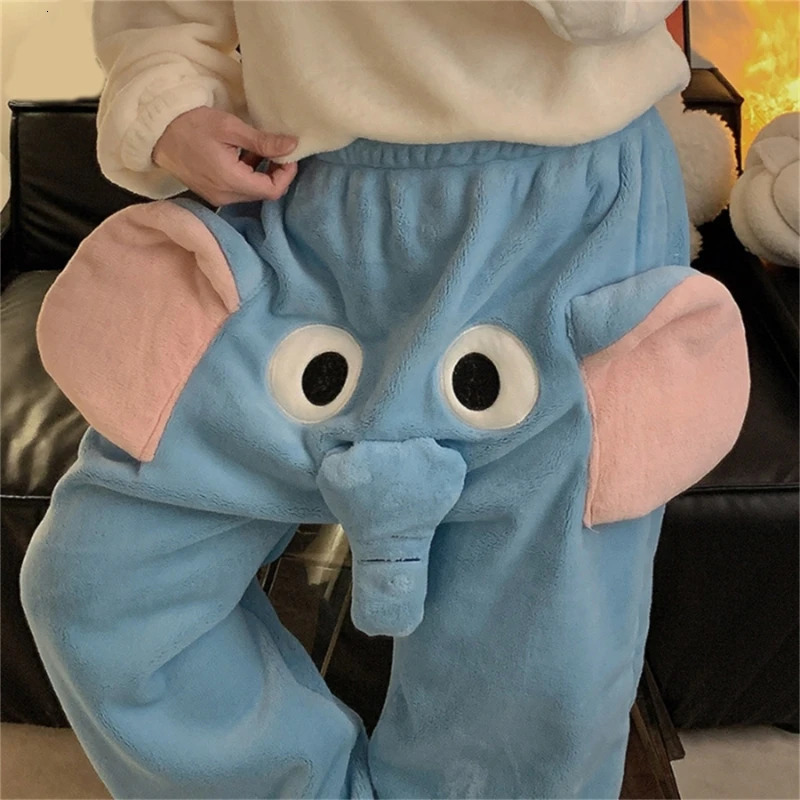 Cartoon 3D Elephant Luggage Pattern Womens Sleepwear Winter Warm Flannel Sleepwear Loose Pants 241106