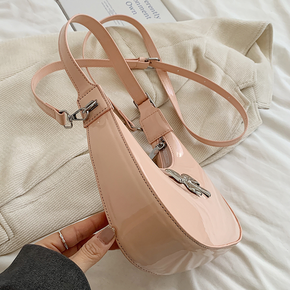 Women Chic Tote Handbag Solid Color Fashion Crescent Bag Adjustable Strap Glossy Underarm Bag Female Daily Handbag