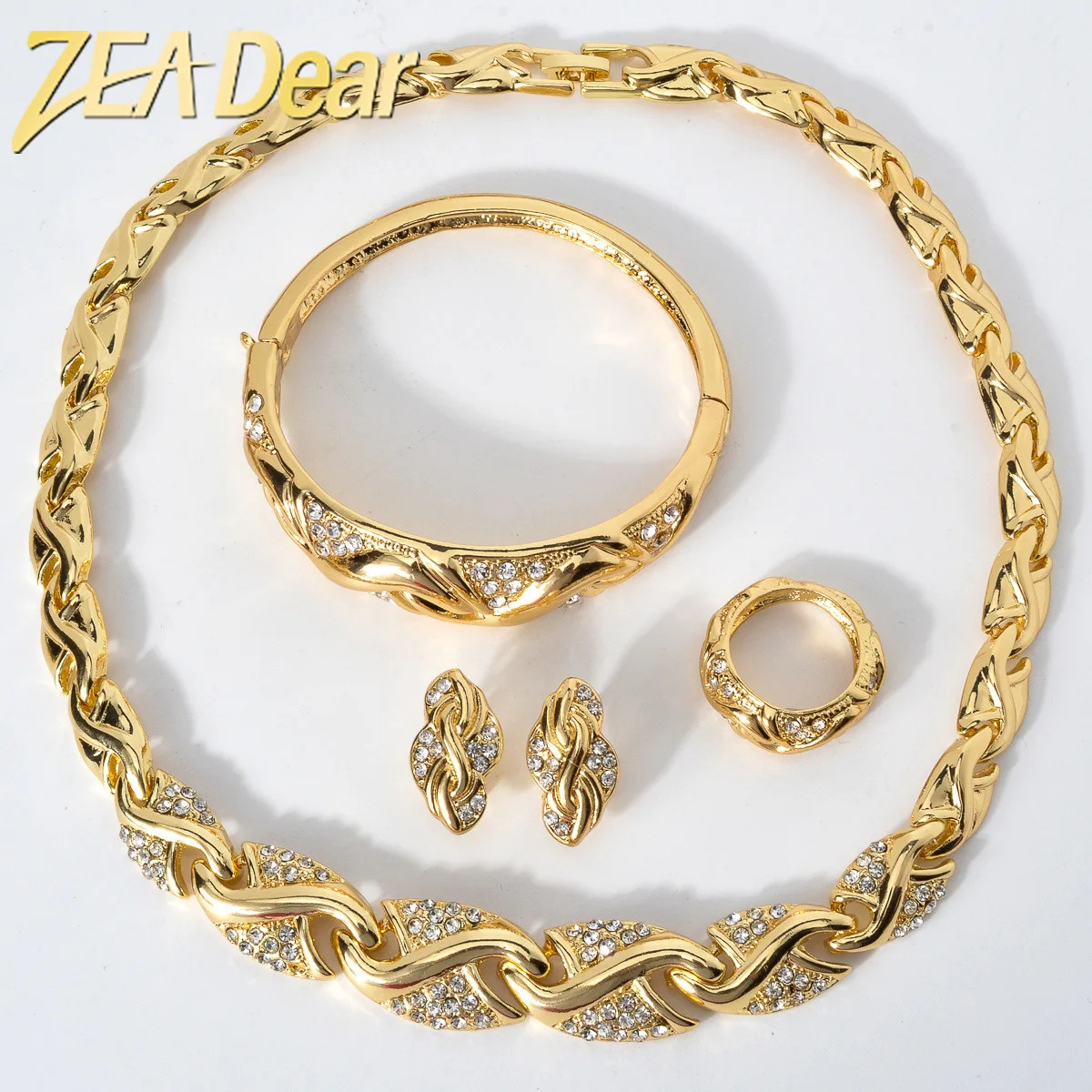 ZeaEar 4-piece/set jewelry n S-shaped necklace bracelet drawstring ring high-quality 18K gold-plated womens jewelry 241106