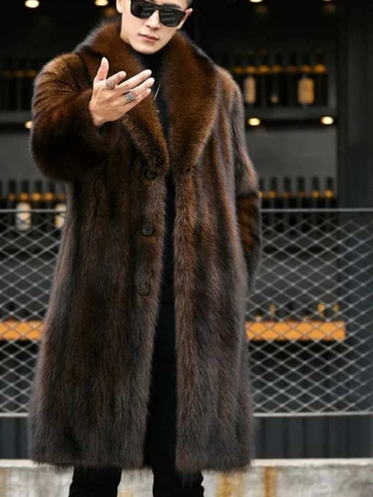 mens mid to long full mink coat large long sleeved mens thick raccoon fur coat mink jacket for autumn and winter 241107