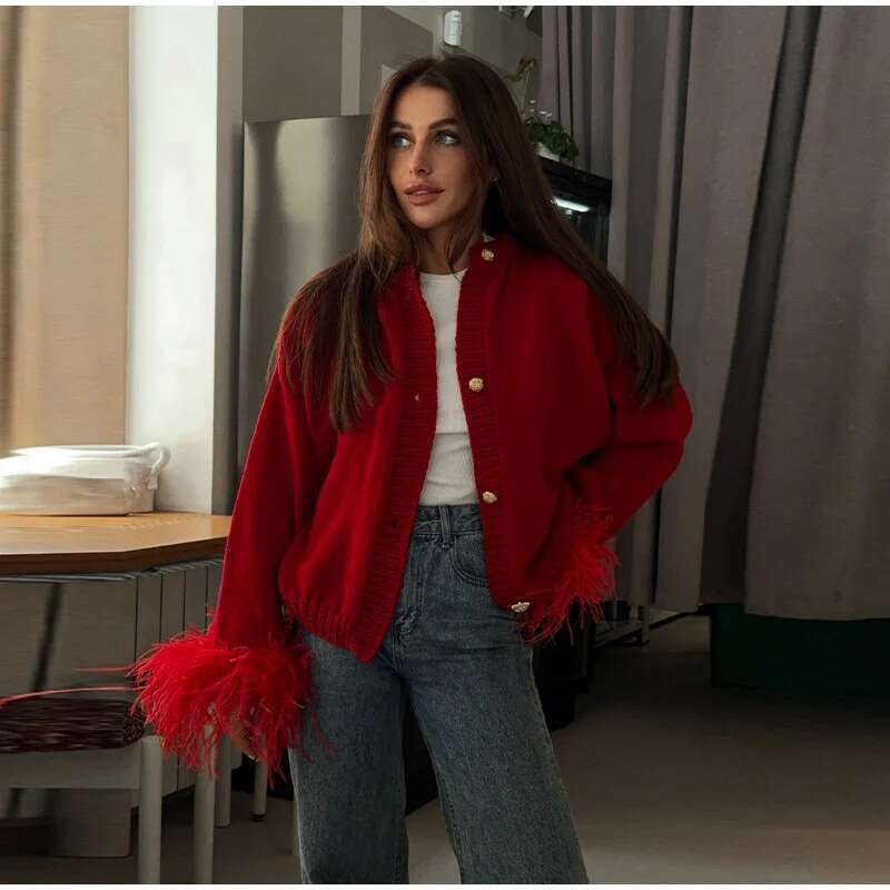 Talenza Women's Casual O-Neck Knitted Cardigan Autumn Fashion Single-Breasted Long-Sleeved Red Feather Patchwork Sweater Jacket