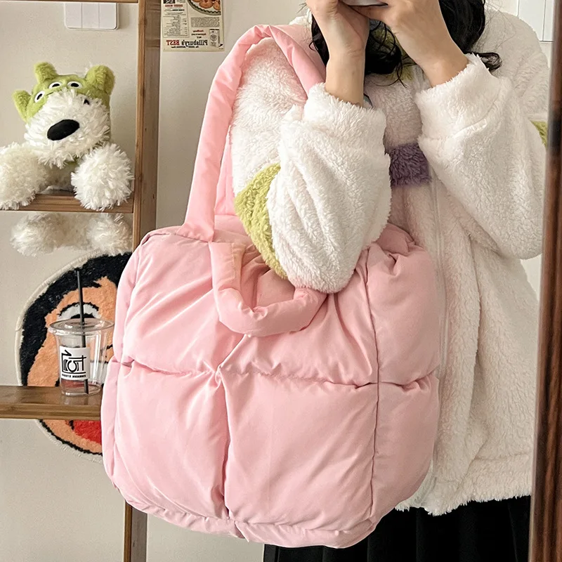 Women Retro Checkered Quilted Shoulder Bag Solid Color Soft Handbags Soft Tote Pink Sapce Padded Underarm Bag
