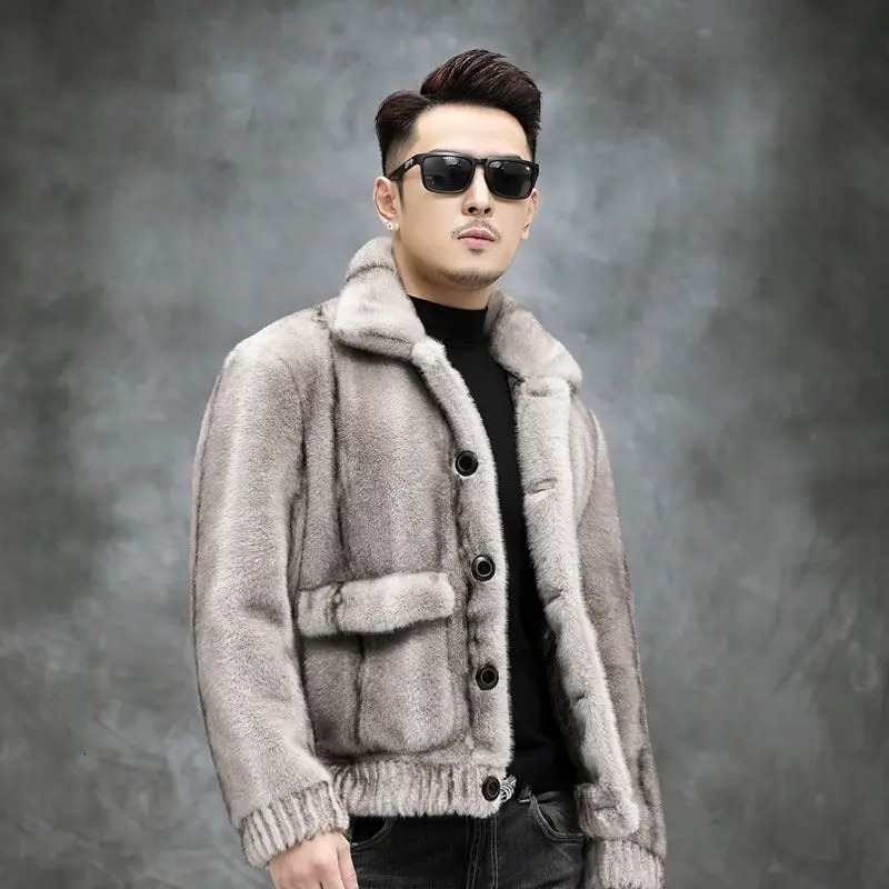 Winter mens mink coat mens double-sided coat fashionable solid color short fur striped coat thick warm casual coat 241107