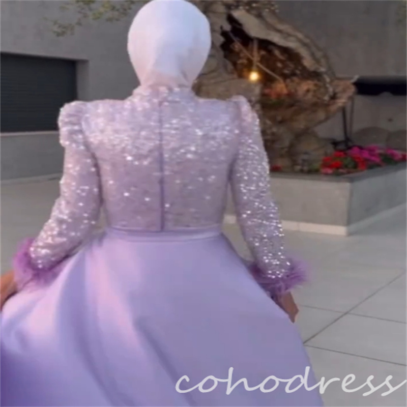 Sparkly Lilac Muslim Evening Dresses With Overskirt Glitter Sequin Long Sleeve Feather Prom Dress Islamic Abaya Dubai Brithday Dress Formal Occasion V