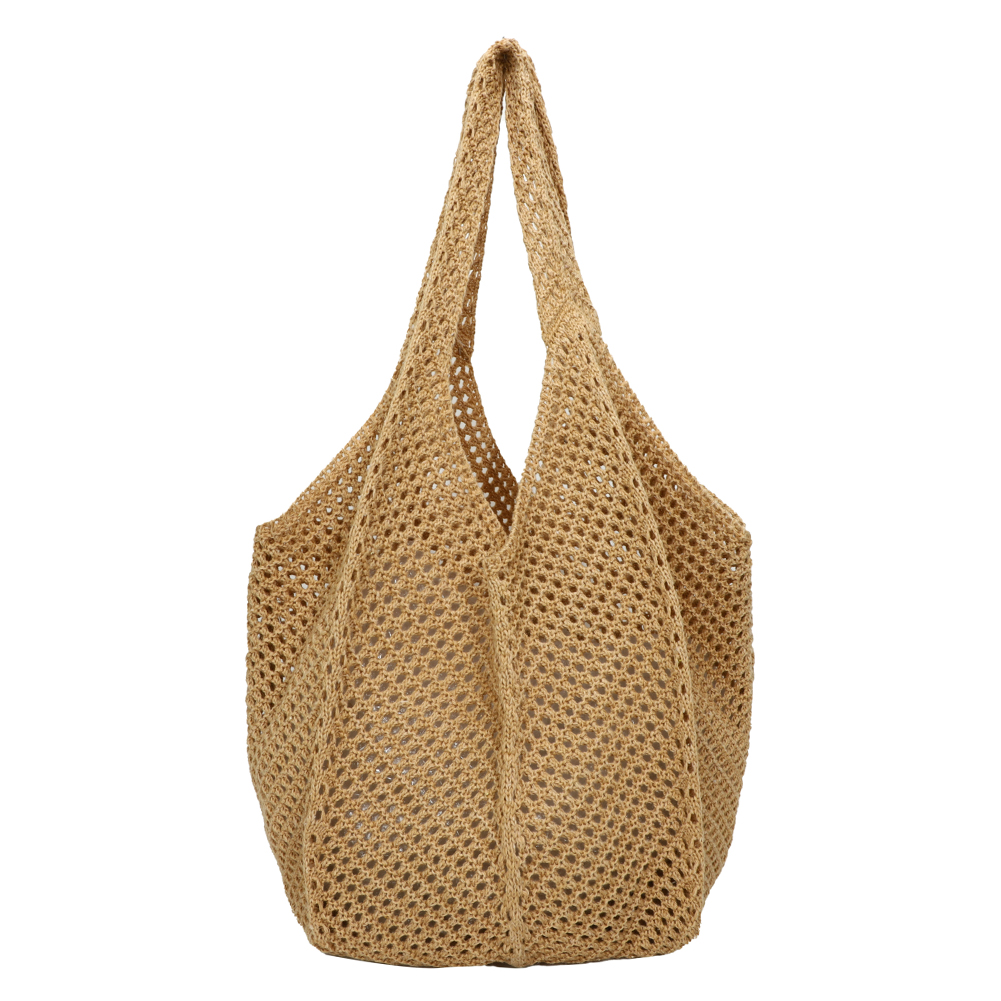 Women Crochet Tote Bag Mesh Beach Bag Large Capacity Hollow Out Tote Bag Solid Color Simple Shopping Bag Vintage Vacation Bag